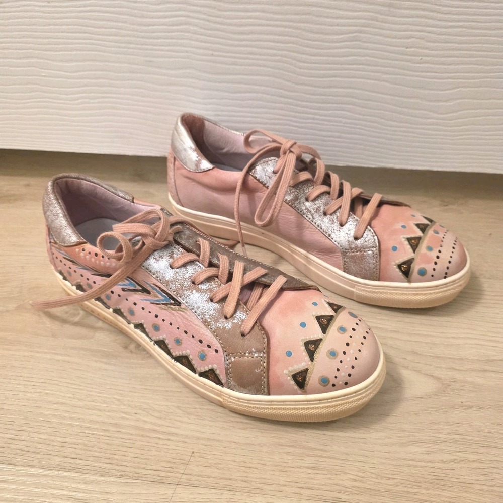 Karma Of Charme Naif Pink Multicolor Leather Geometric Hand Painted Sneakers 7.5